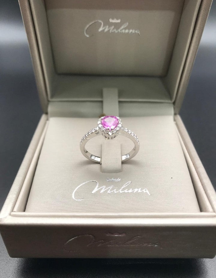 Anello Cuore Miluna in Oro Bianco con Diamanti e Zaffiro Rosa