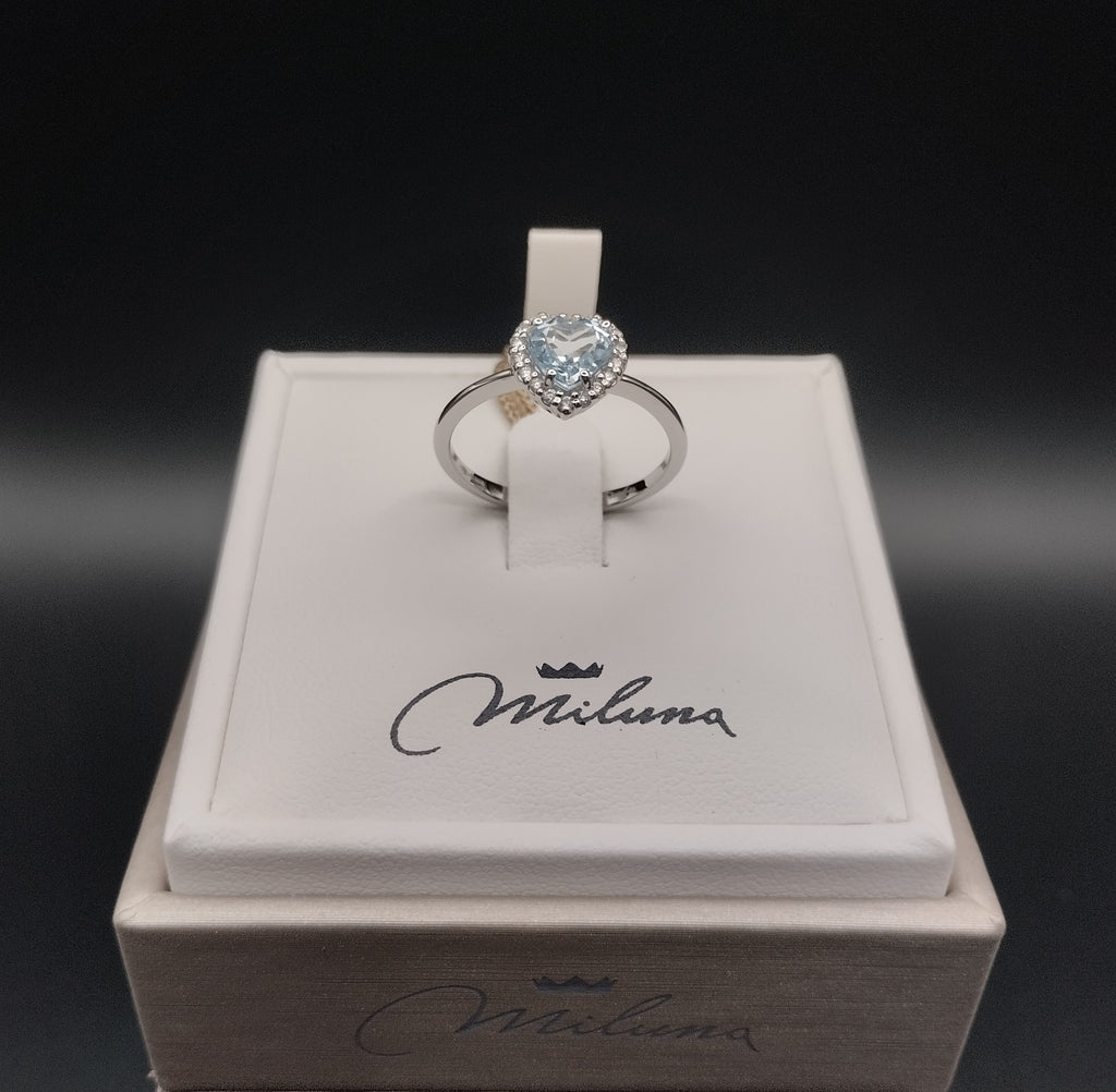 Anello Cuore Miluna in Oro Bianco con Diamanti e Acquamarina