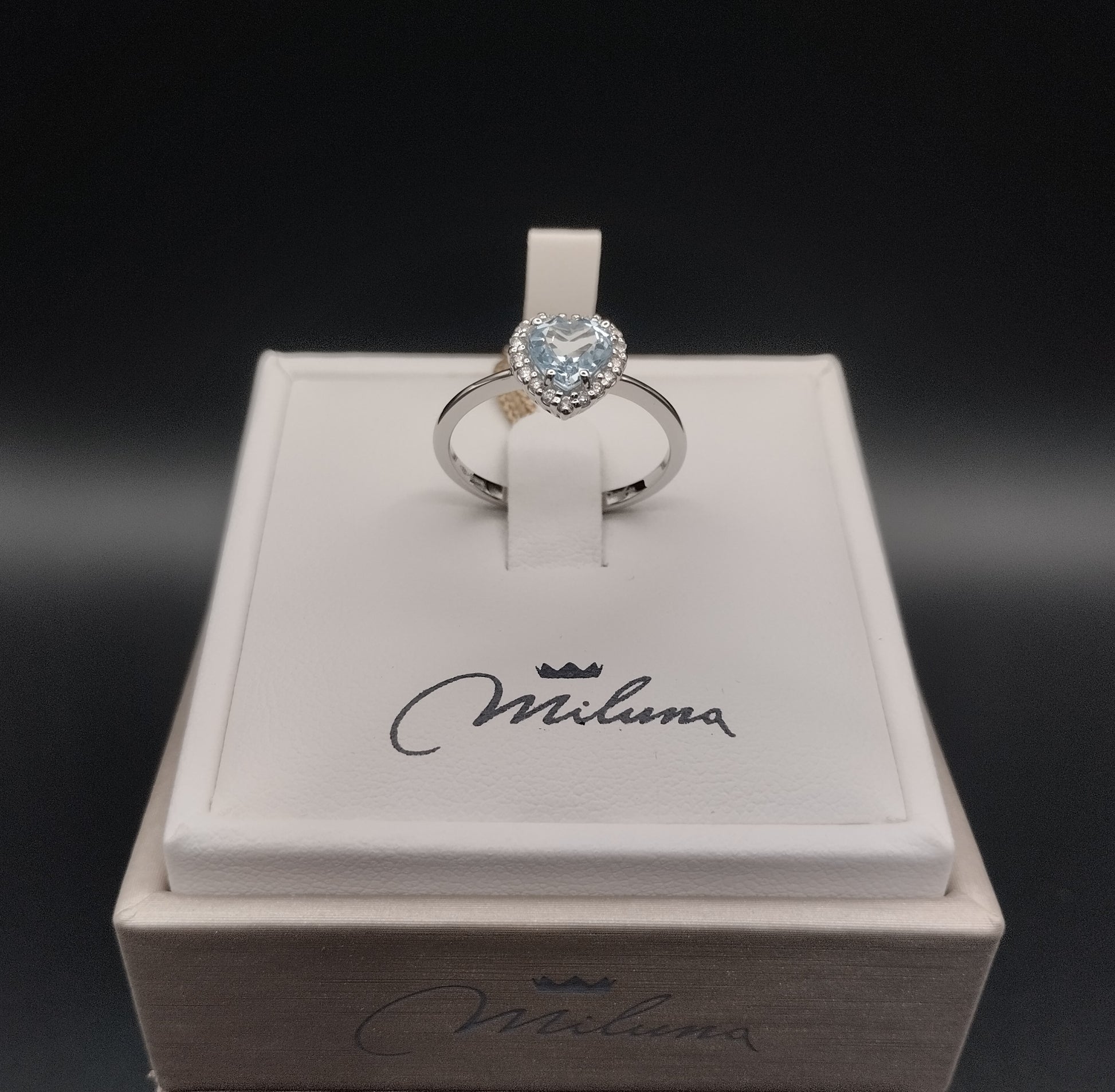 Anello Cuore Miluna in Oro Bianco con Diamanti e Acquamarina