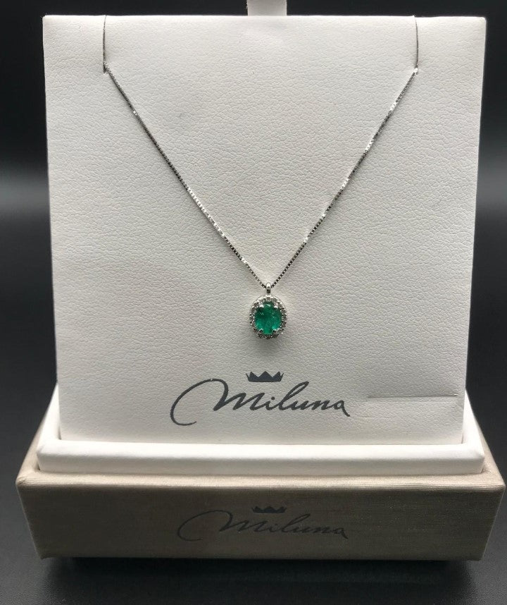 Collana Miluna in Oro Bianco con Diamanti e Smeraldo