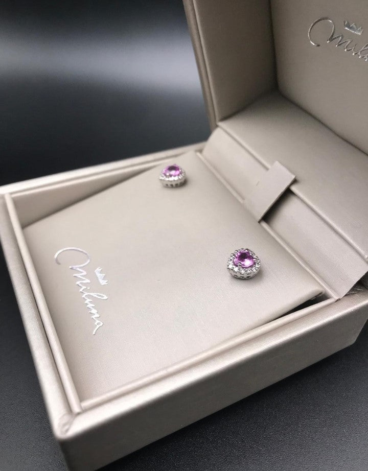 Orecchini Cuore Miluna in Oro Bianco con Diamanti e Zaffiri Rosa