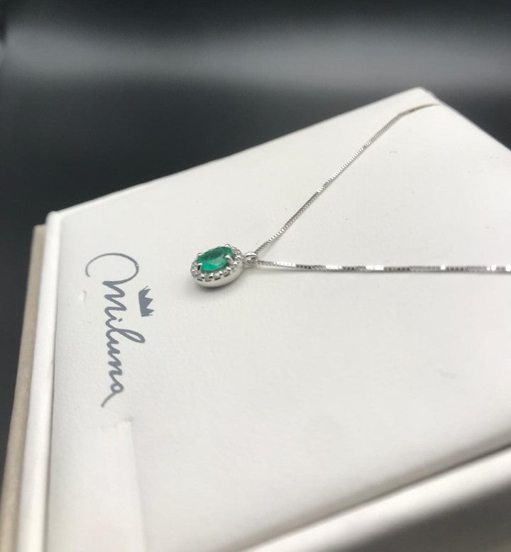 Collana Miluna in Oro Bianco con Diamanti e Smeraldo