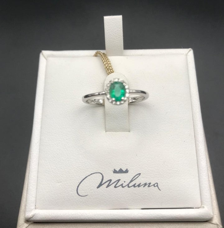 Anello Miluna in Oro Bianco con Diamanti e Smeraldo
