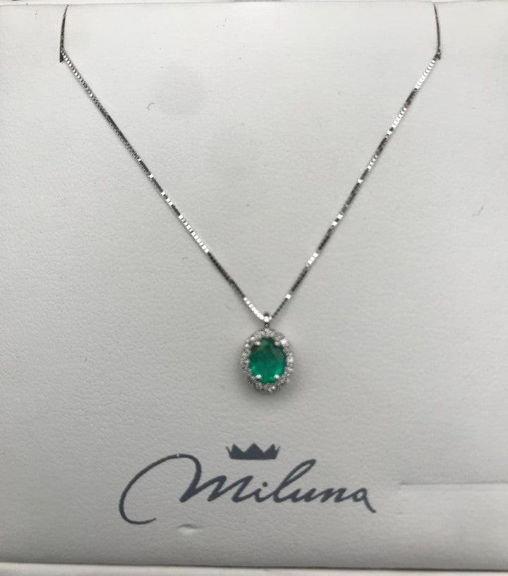 Collana Miluna in Oro Bianco con Diamanti e Smeraldo