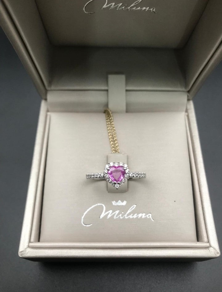 Anello Cuore Miluna in Oro Bianco con Diamanti e Zaffiro Rosa